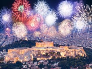 Fireworks,Over,Athens,,Acropolis,And,The,Parthenon,,Attica,,Greece,-