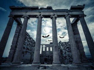 Erechtheion,Temple,On,Halloween,,Athens,,Greece,,Europe.,Scary,Gloomy,Scene