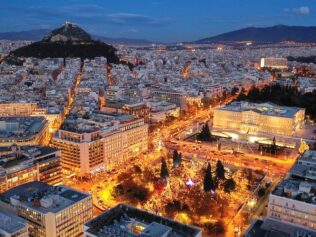 Aerial,Drone,Photo,Of,Illuminated,Festive,Syntagma,Square,Featuring,Greek